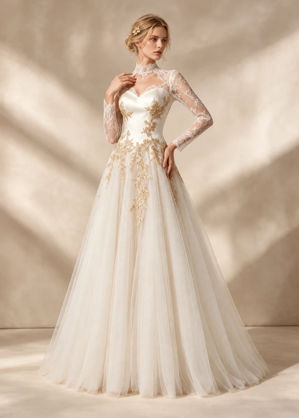 Ivory Gold-Applique Long-Sleeve A-Line Wedding Dress