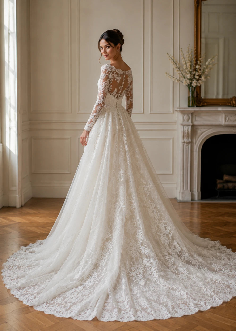 Back view of an ivory long-sleeve lace gown showing the fitted waist and broad train
