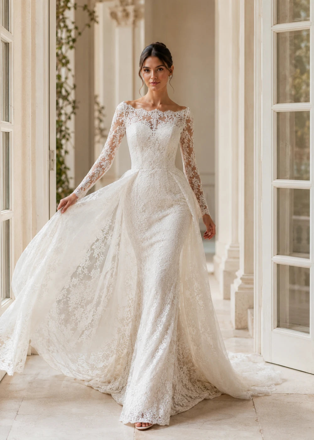 Detail view of the ivory illusion-neck A-line gown with all-over floral lace, long sleeves, and a train