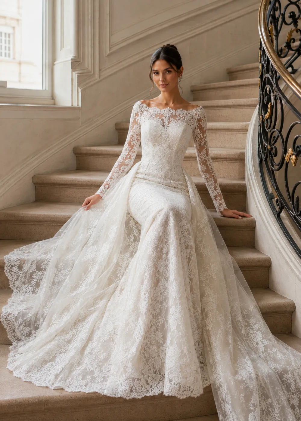 Front view of the ivory illusion-neck A-line gown with all-over floral lace, long sleeves, and a train