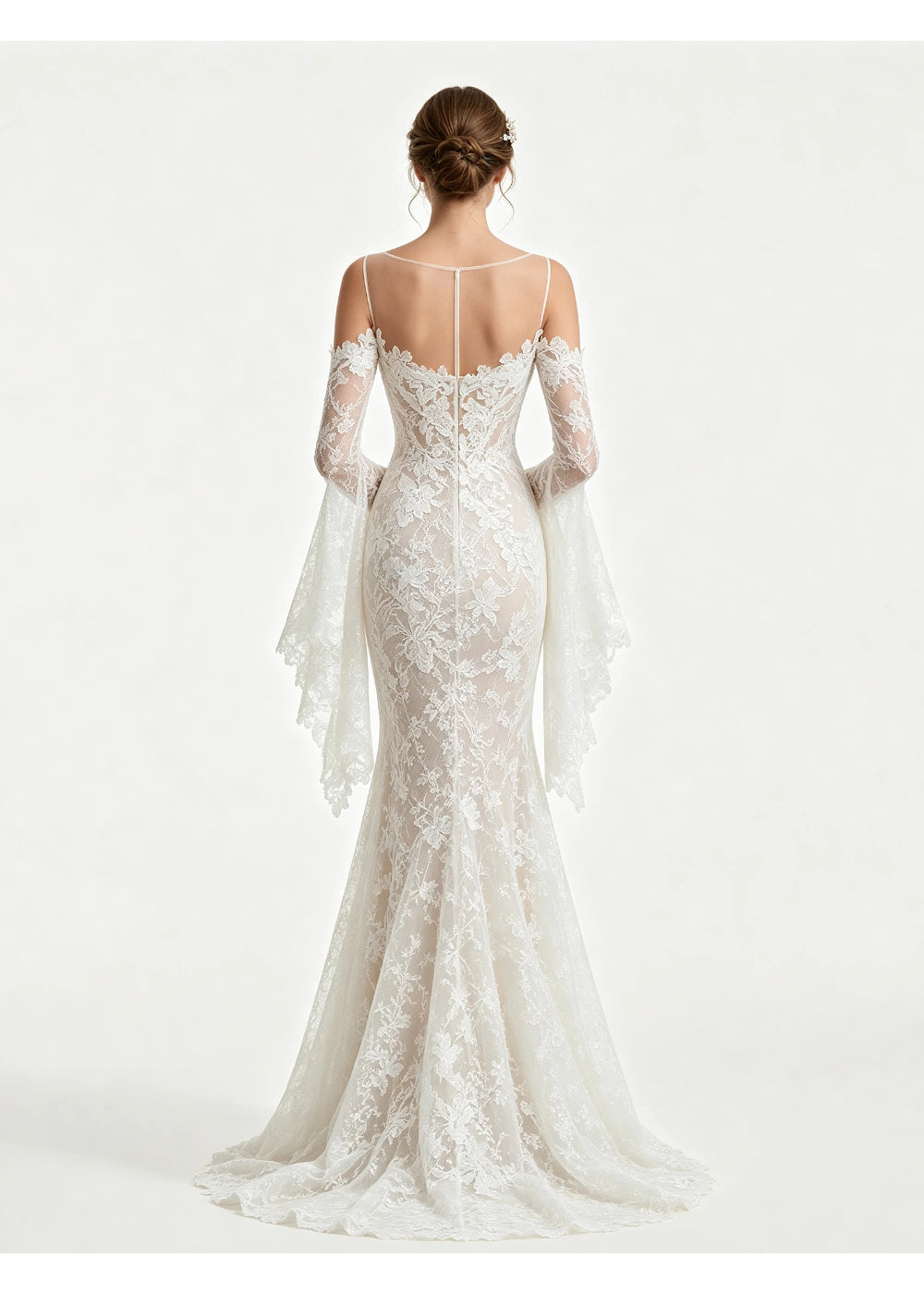 Back view of the ivory lace gown showing a low curved back and mermaid train
