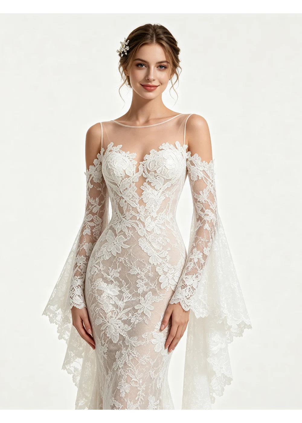 Close front view of the curved ivory lace bodice, thin straps and long sleeves