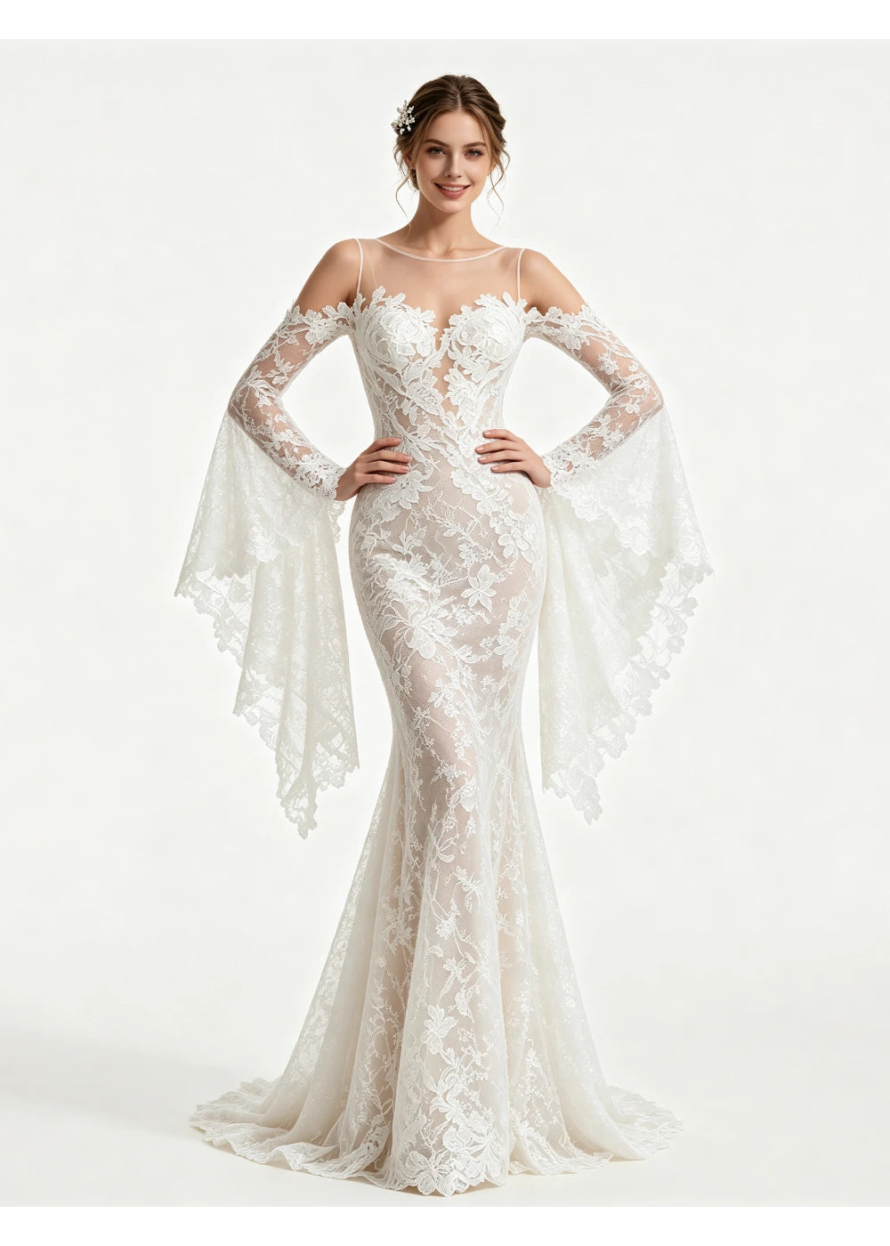 Full-length front view of the ivory mermaid silhouette and hanging lace sleeves