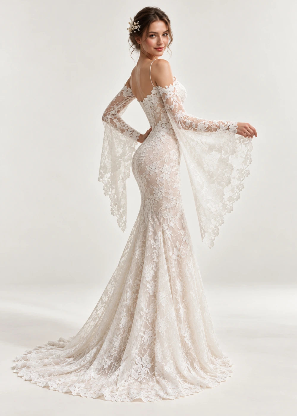 Ivory Lace Mermaid Wedding Dress with Draped Cape Sleeves