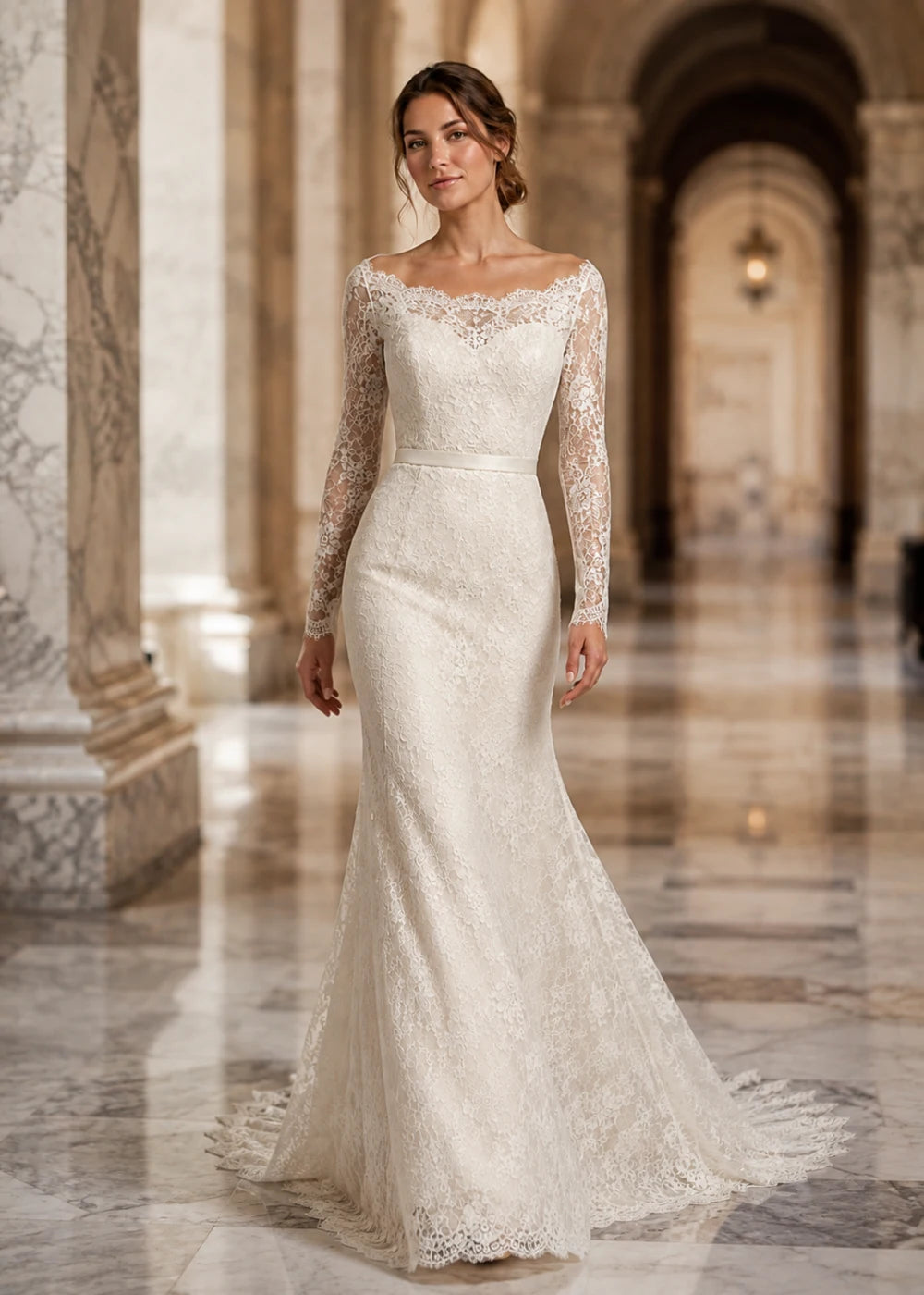 Editorial view of the ivory illusion-neck mermaid gown with long floral-lace sleeves and a flared train