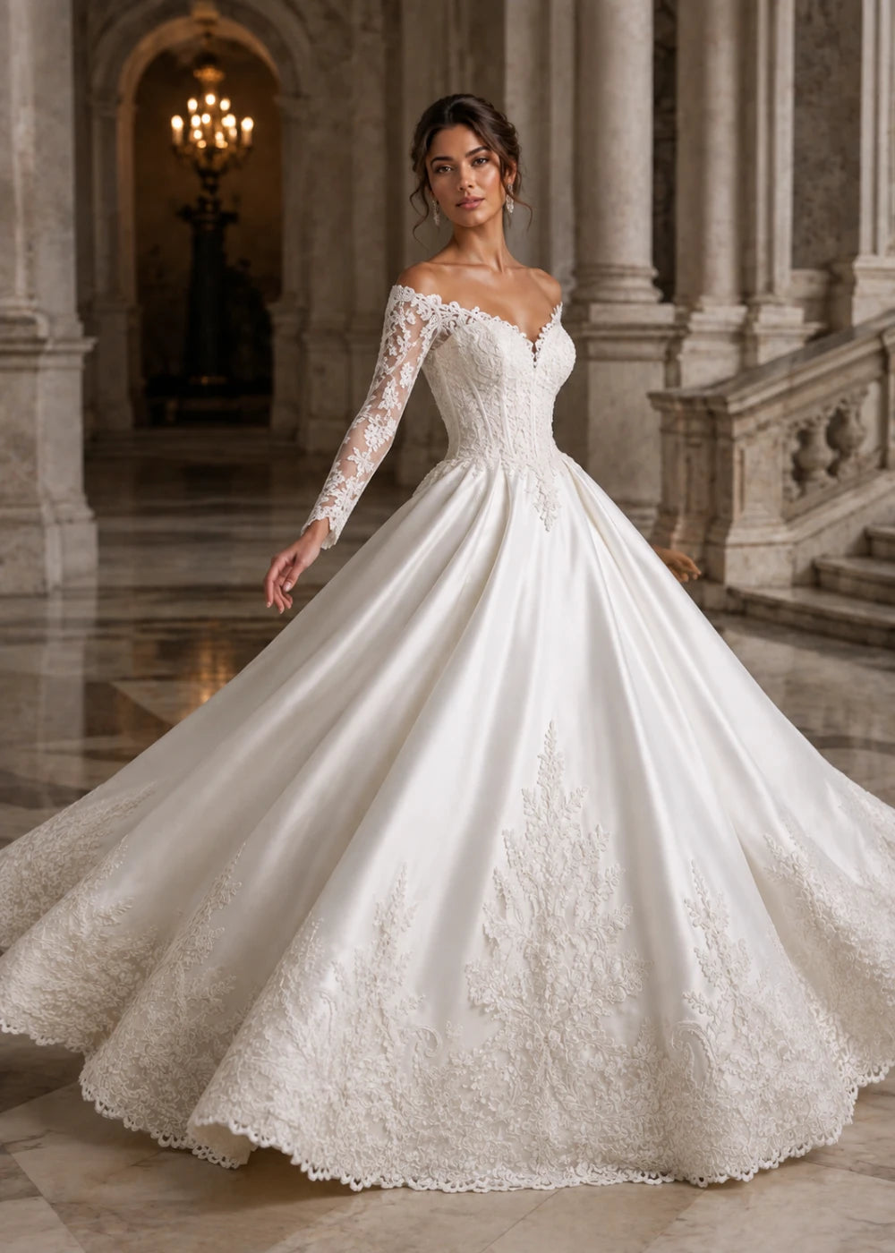 Editorial view of the ivory off-the-shoulder ball gown with long floral-lace sleeves and a full skirt