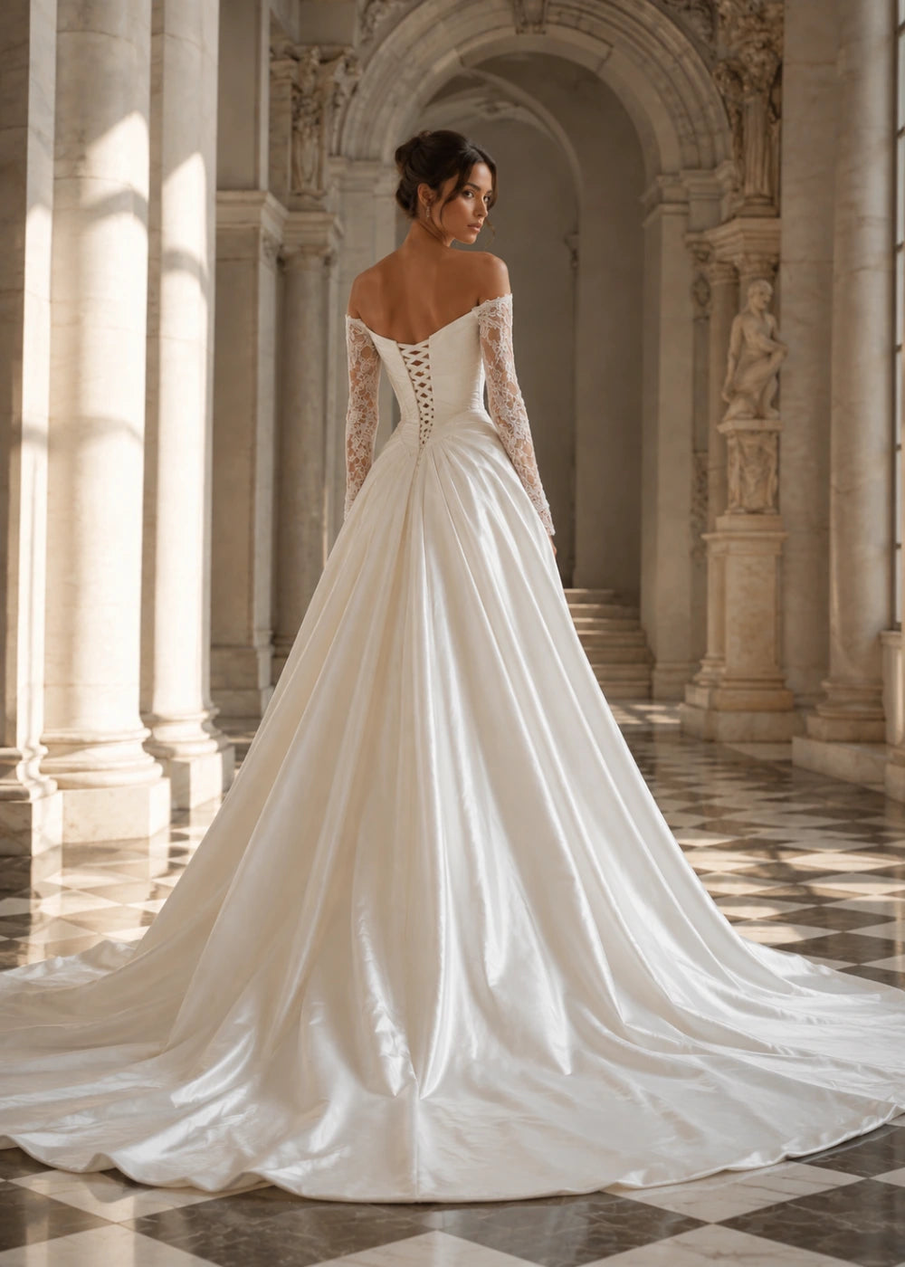 Back view of an ivory off-the-shoulder A-line gown showing corset lacing and a sweeping train