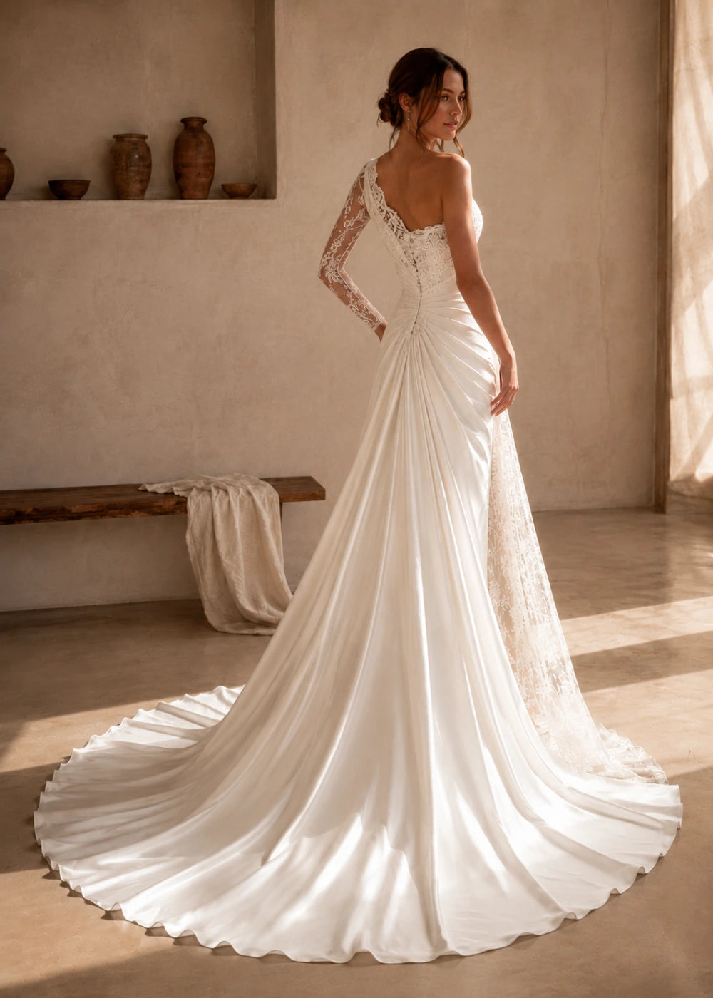 Back view of an ivory one-shoulder fitted gown showing its sweeping train