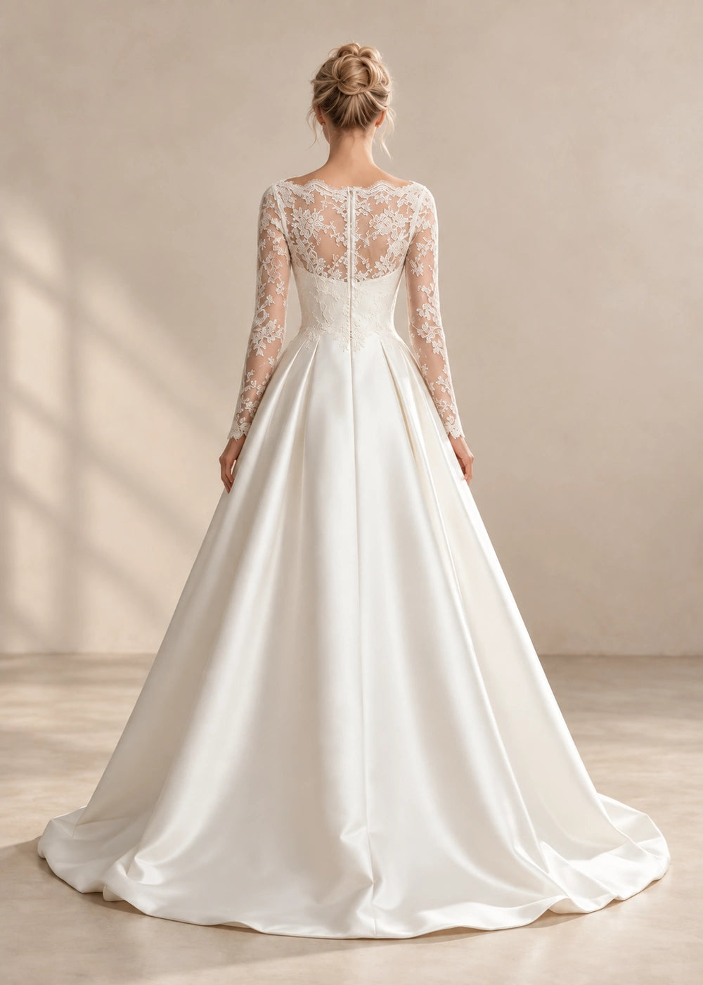 White Illusion Lace Long-Sleeve Satin A-Line Wedding Dress