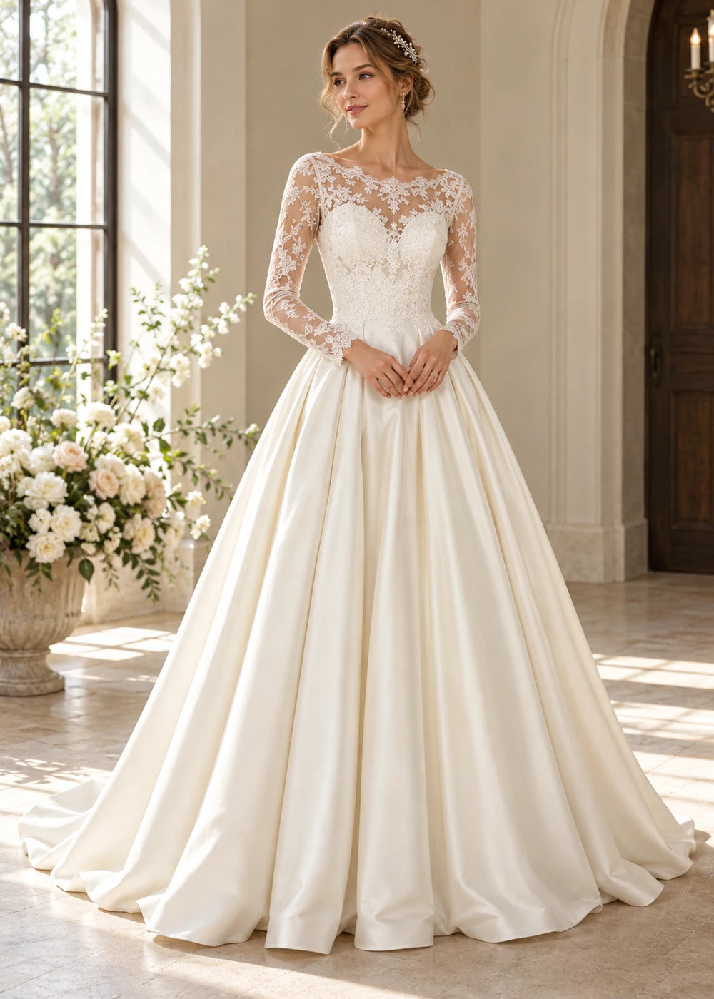 White Illusion Lace Long-Sleeve Satin A-Line Wedding Dress