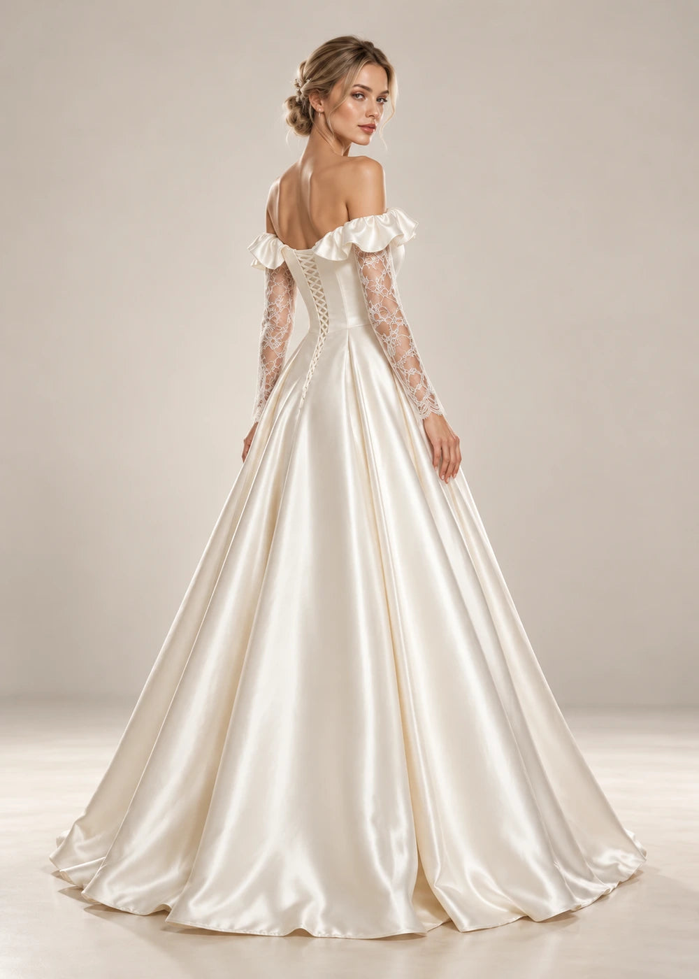White Ruffled Off-Shoulder Satin Wedding Dress with Lace Sleeves