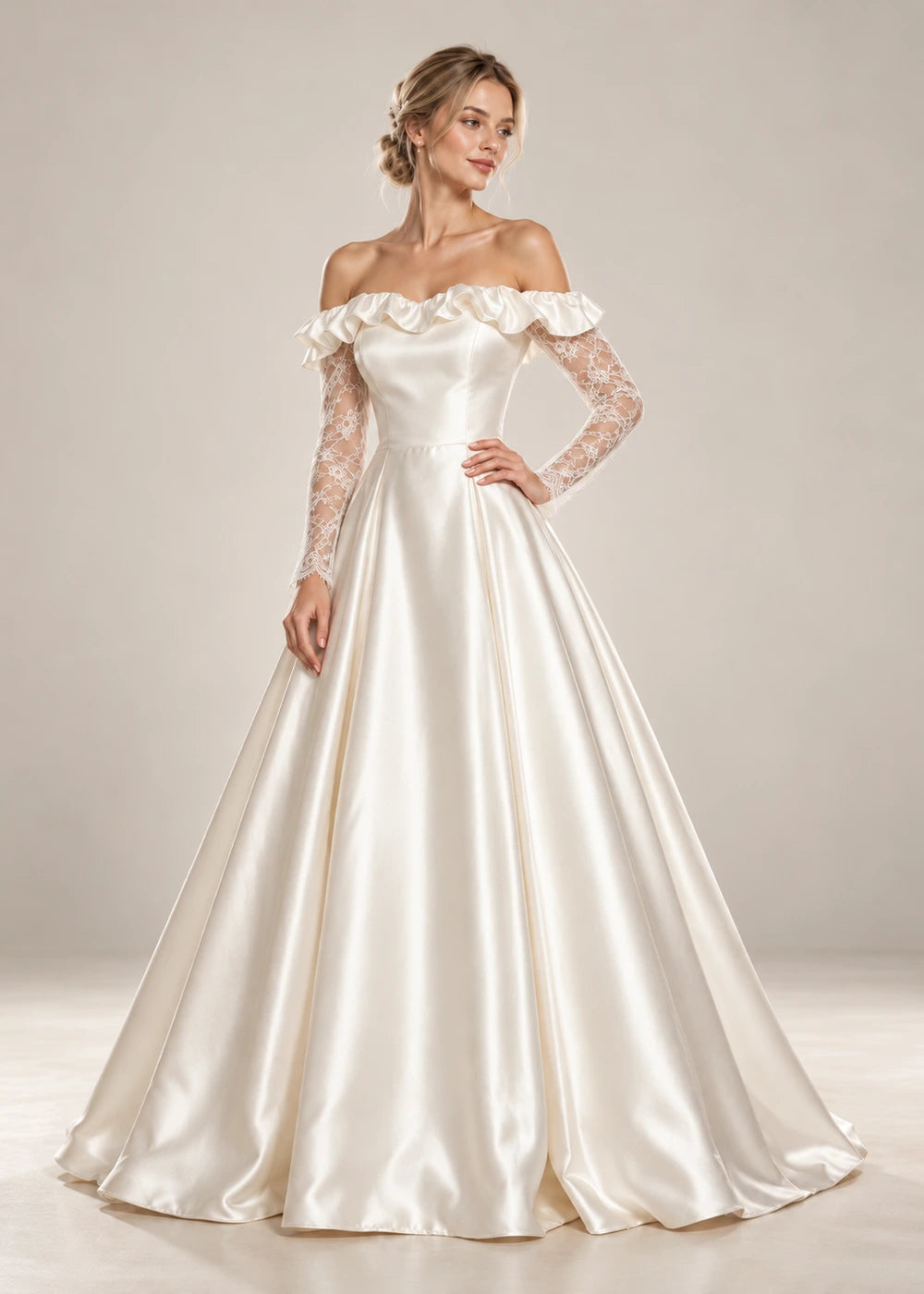 White Ruffled Off-Shoulder Satin Wedding Dress with Lace Sleeves