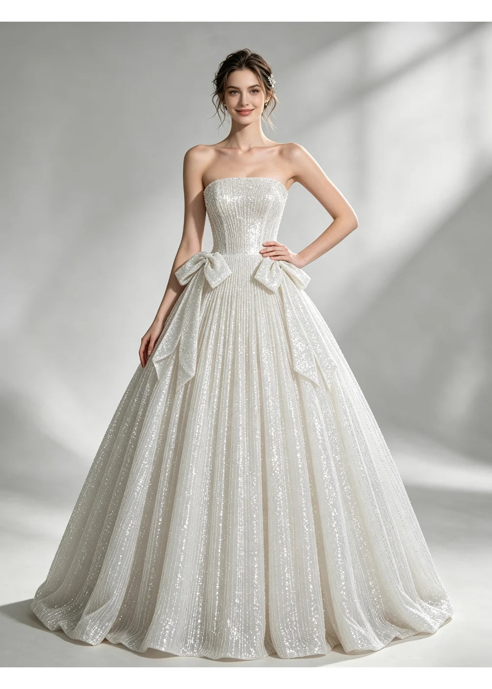 Three-quarter front view of the ivory sequin gown with twin bows and wide skirt folds