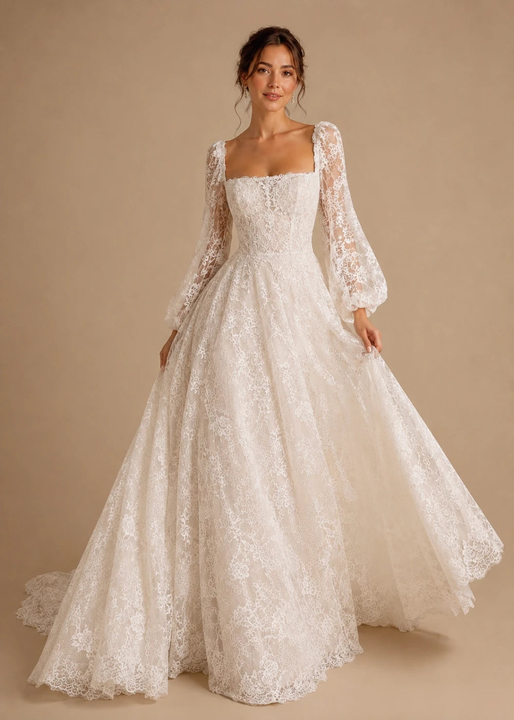 Detail view of the ivory square-neck A-line gown with all-over floral lace and long bishop sleeves