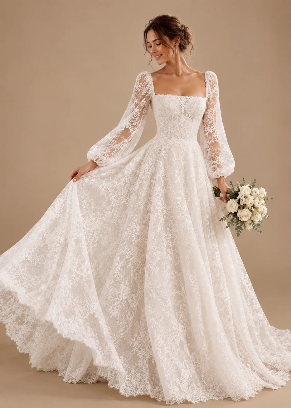 Detail view of the ivory square-neck A-line gown with all-over floral lace and long bishop sleeves