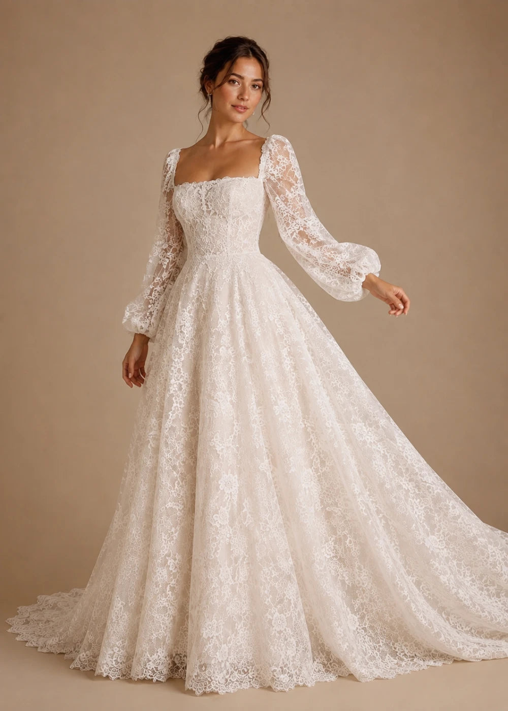 Editorial view of the ivory square-neck A-line gown with all-over floral lace and long bishop sleeves