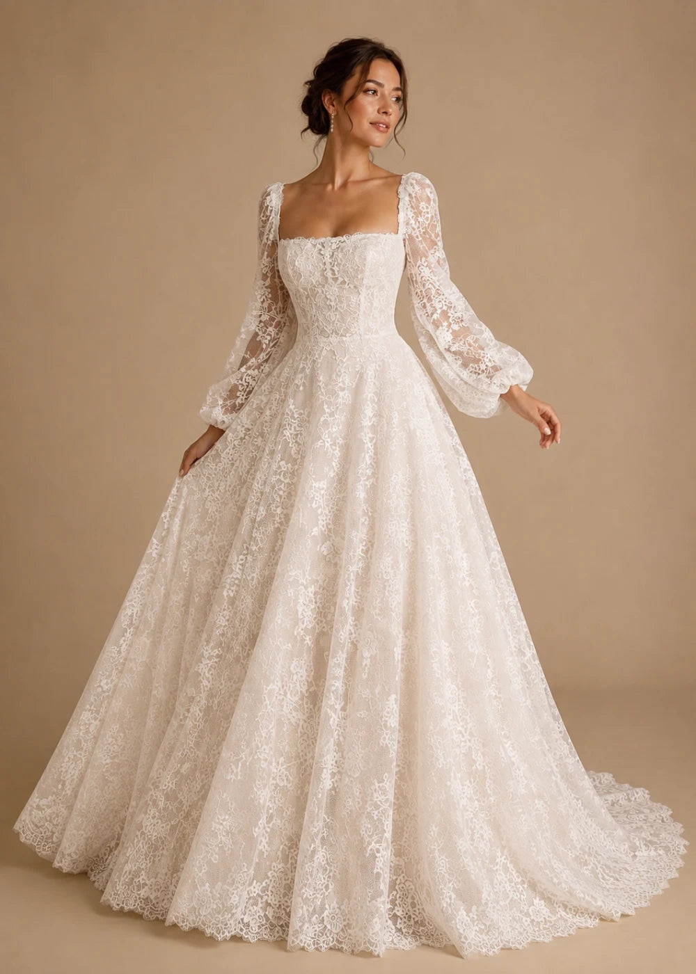 Front view of the ivory square-neck A-line gown with all-over floral lace and long bishop sleeves