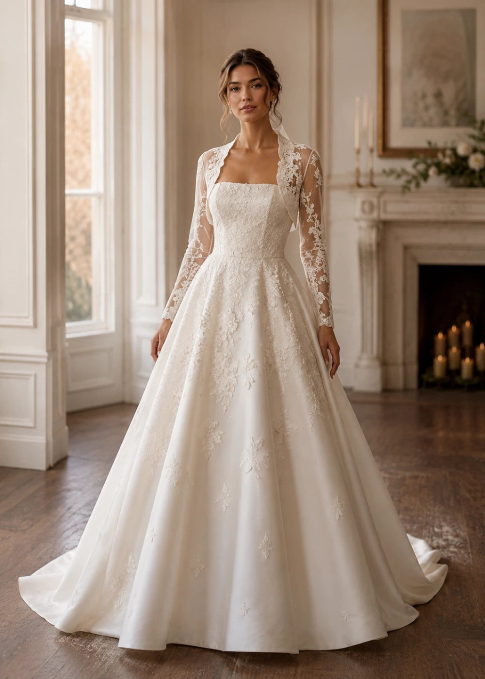 Front view of the ivory square-neck A-line gown with a long-sleeve lace bolero-style overlay