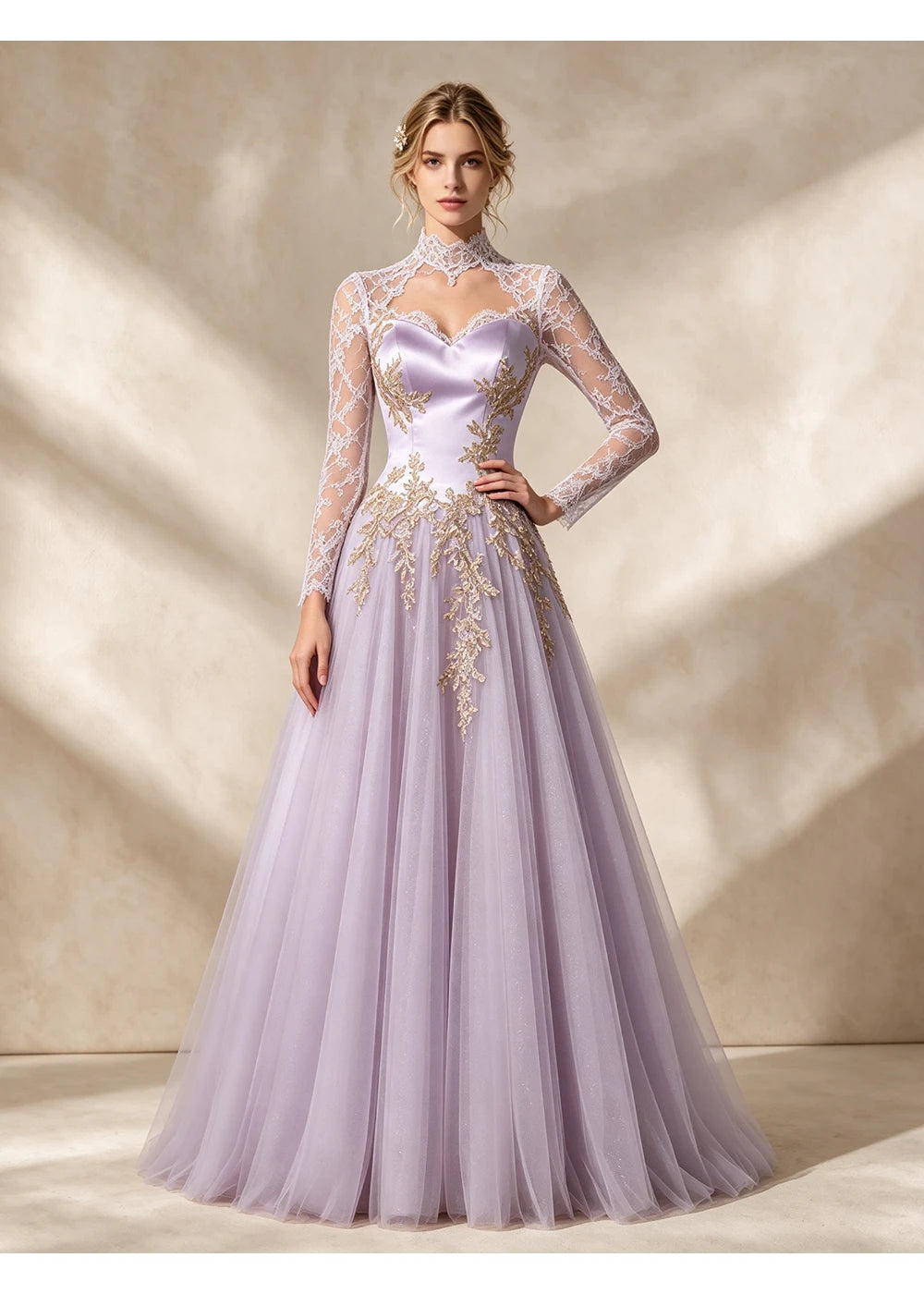 Front view of the lavender gold applique gown with the same bridal silhouette