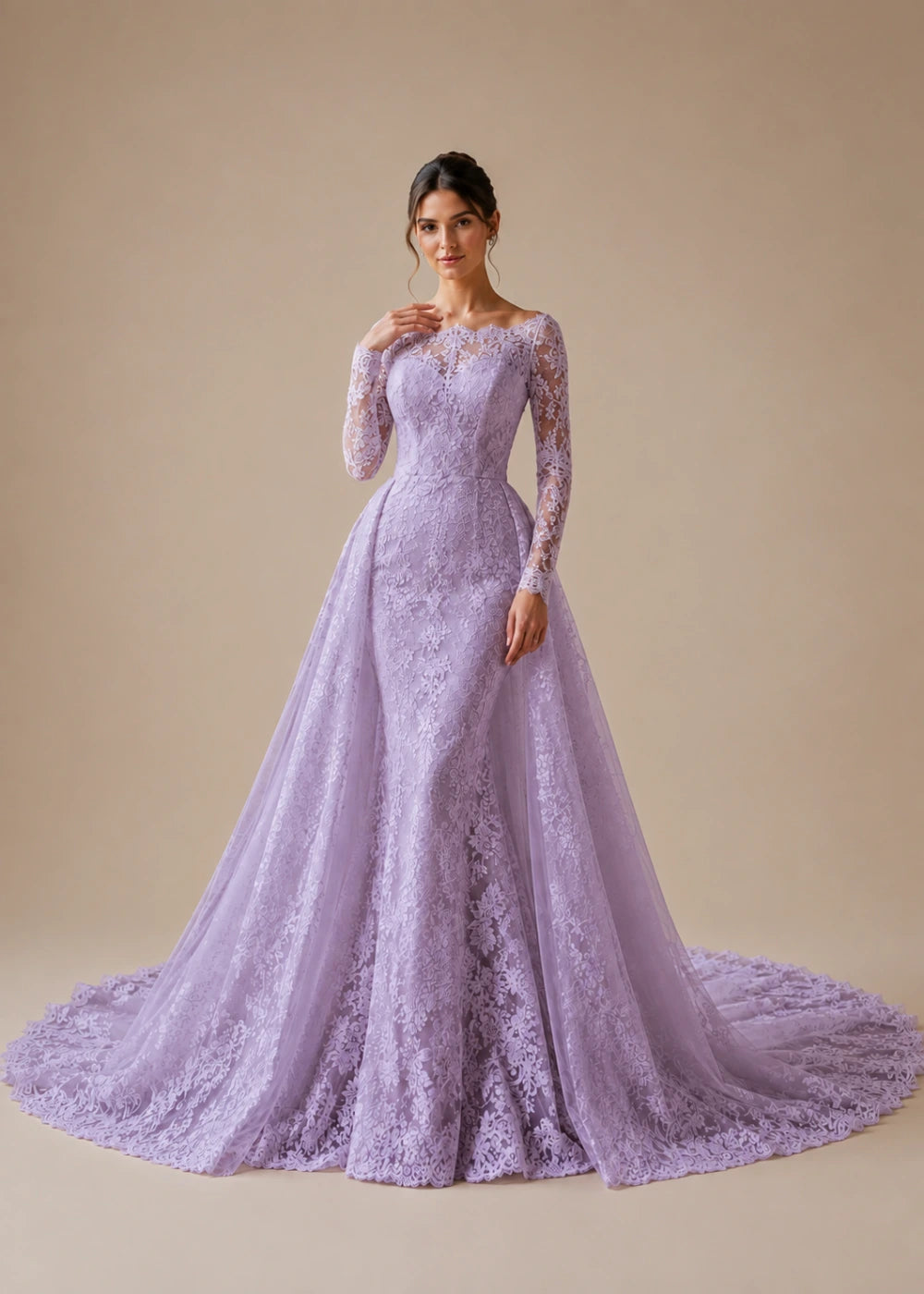 Front view of the lavender illusion-neck A-line gown with all-over floral lace, long sleeves, and a train