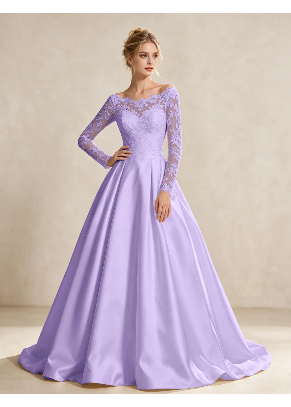 Front view of the lavender illusion lace satin gown with the same bridal silhouette