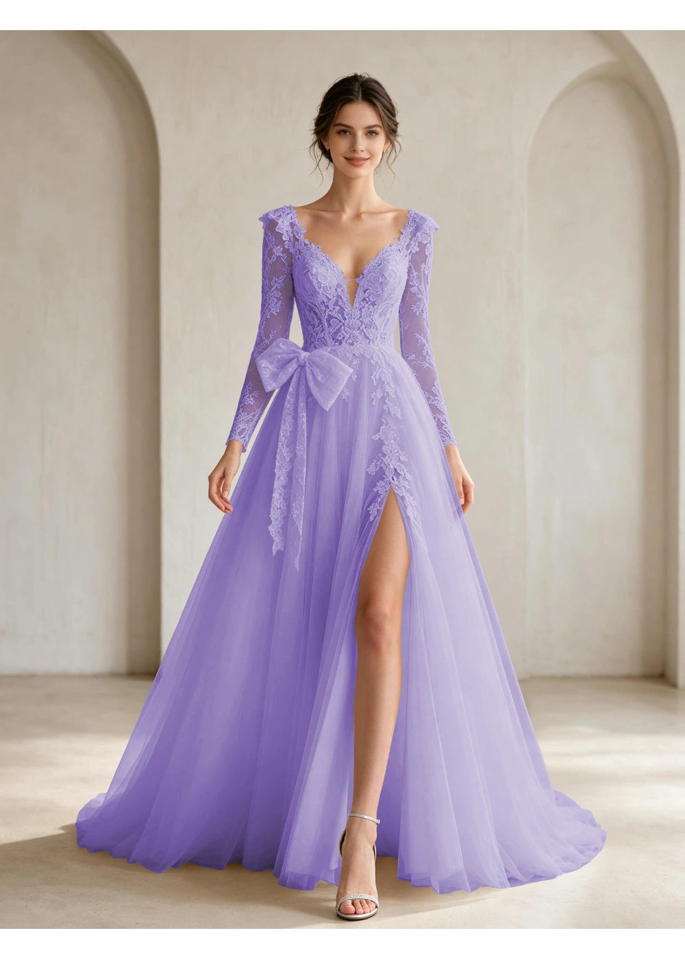 Front view of the lavender lace front bow slit gown with the same bridal silhouette