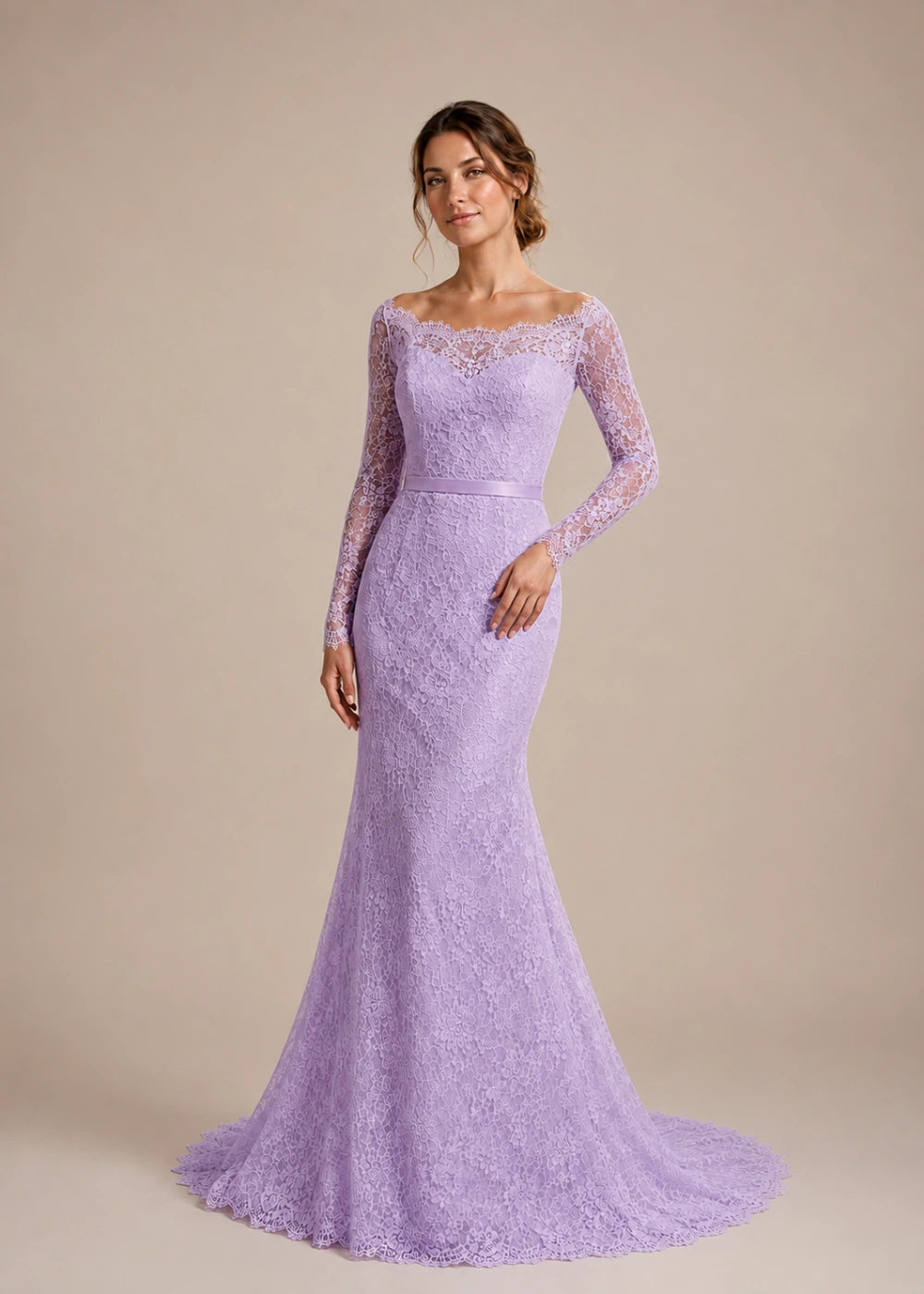 Front view of the lavender illusion-neck mermaid gown with long floral-lace sleeves and a flared train