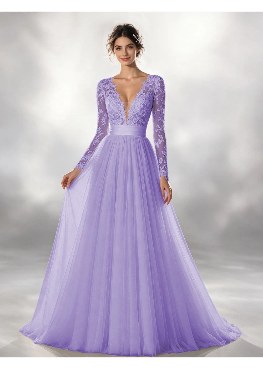 Front view of the lavender lace waistband tulle gown with the same bridal silhouette