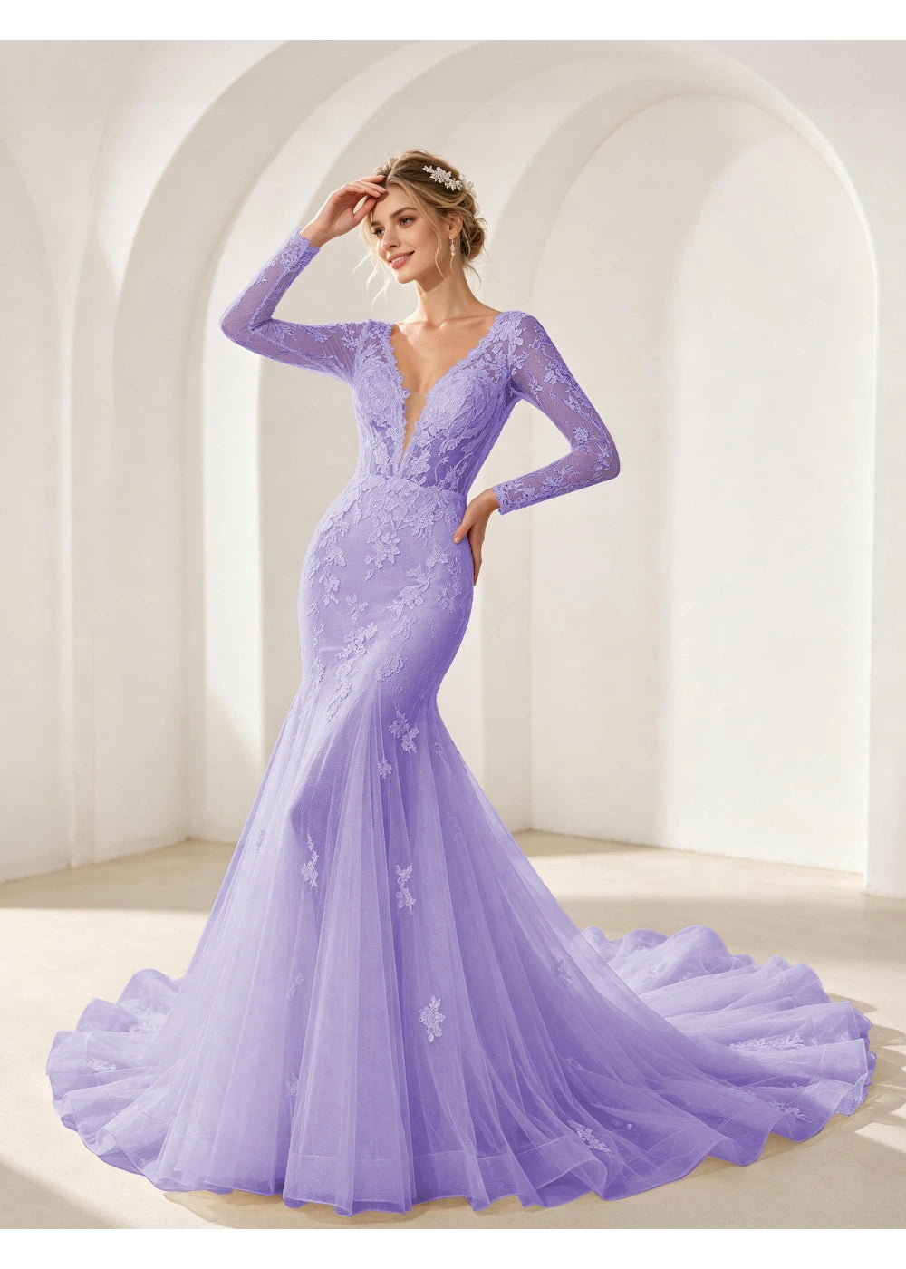 Front view of the lavender mermaid lace train gown with the same bridal silhouette