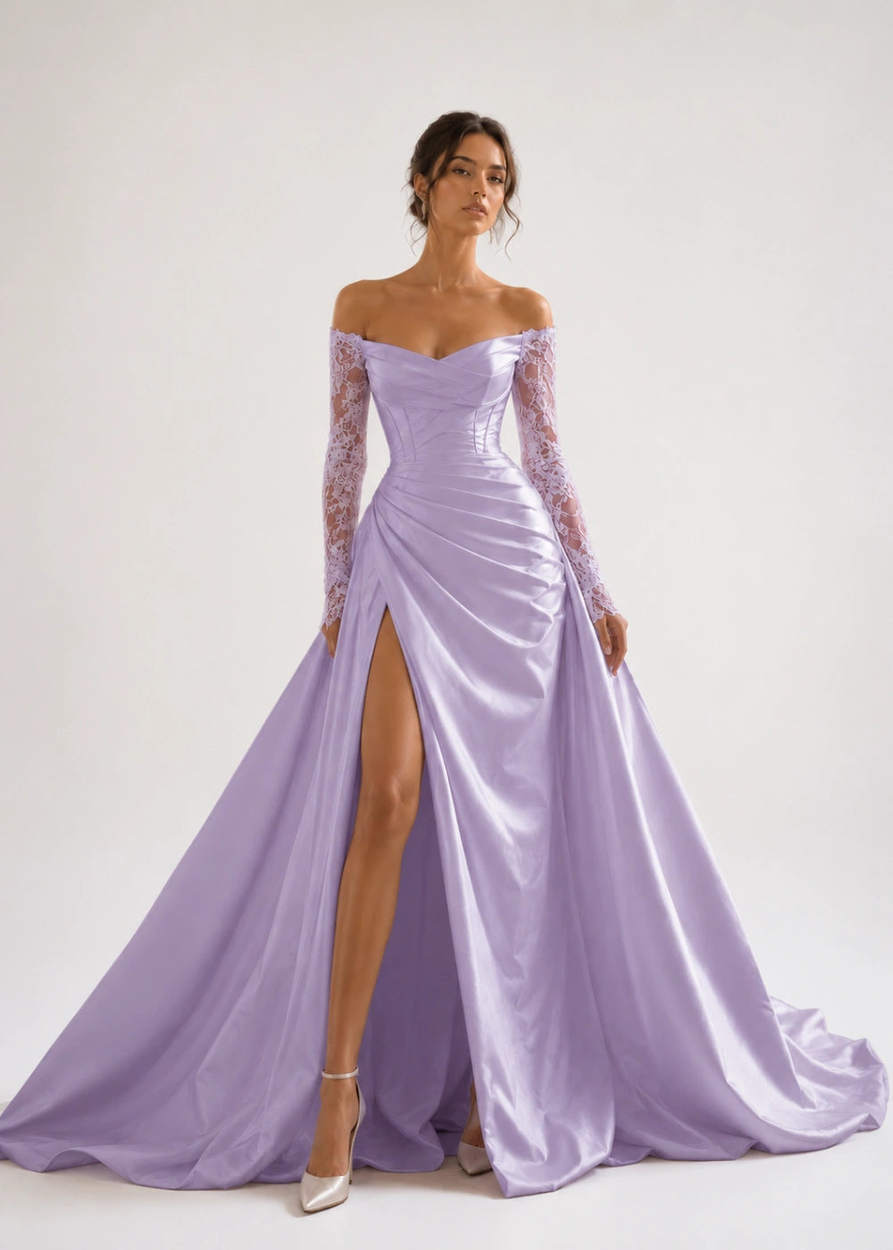 Front view of the lavender off-the-shoulder A-line gown with long lace sleeves and a thigh-high slit