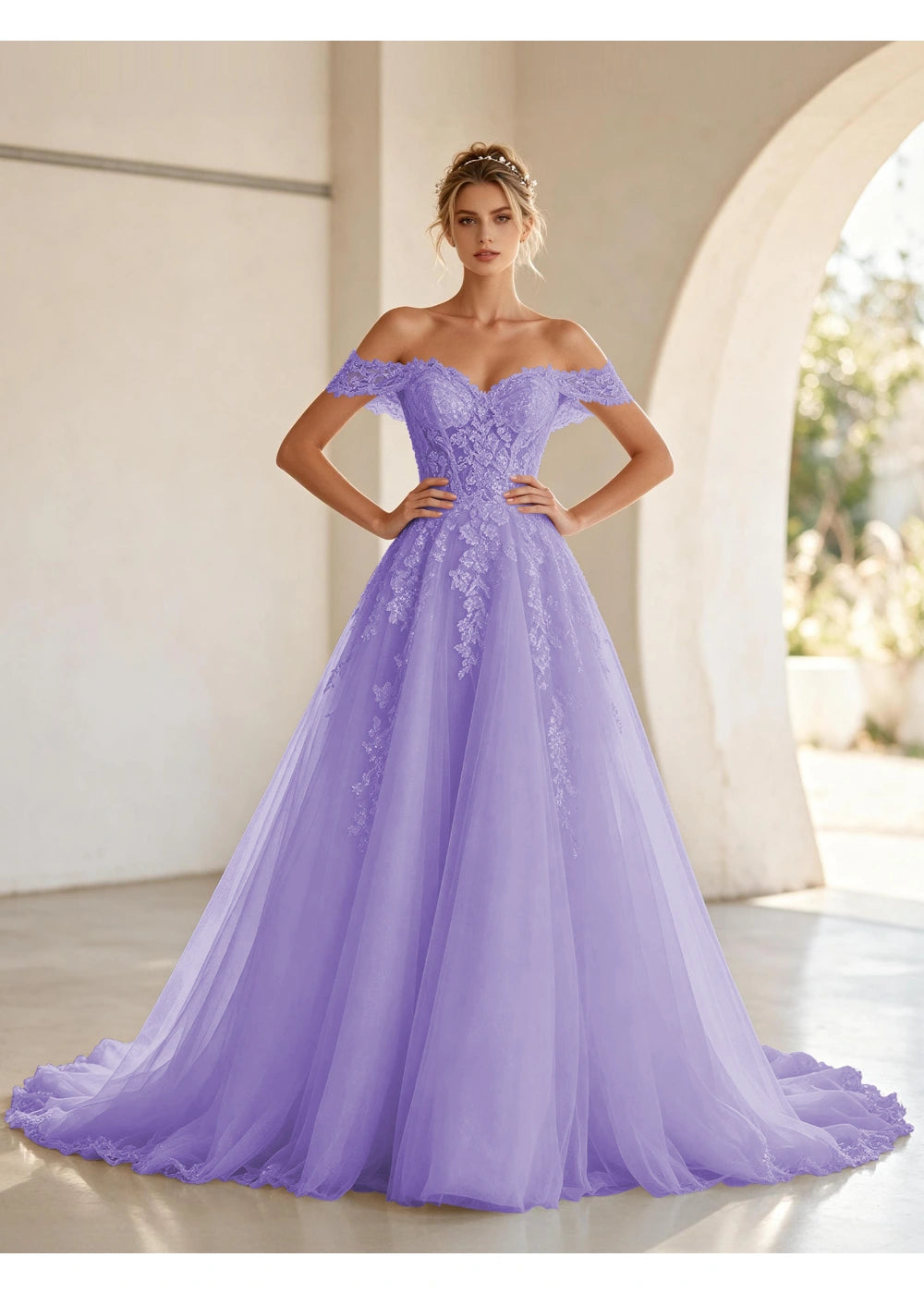 Front view of the lavender off shoulder lace tulle gown with the same bridal silhouette