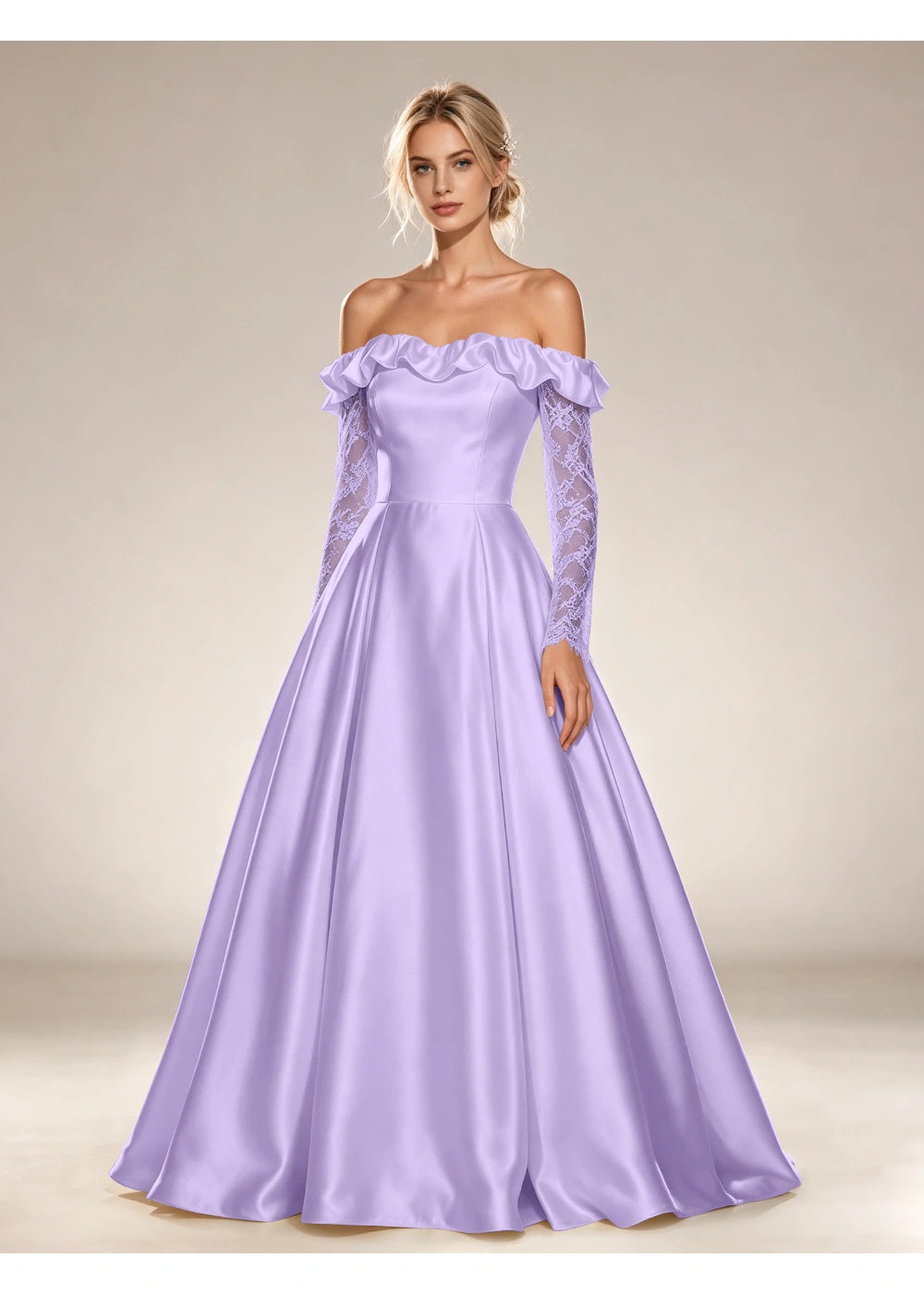 Front view of the lavender ruffled off shoulder gown with the same bridal silhouette