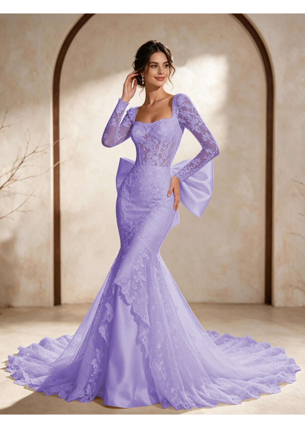 Front view of the lavender square neck back bow gown with the same bridal silhouette