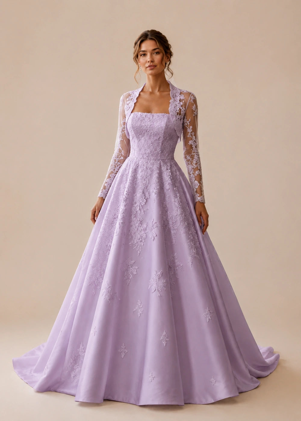 Front view of the lavender square-neck A-line gown with a long-sleeve lace bolero-style overlay