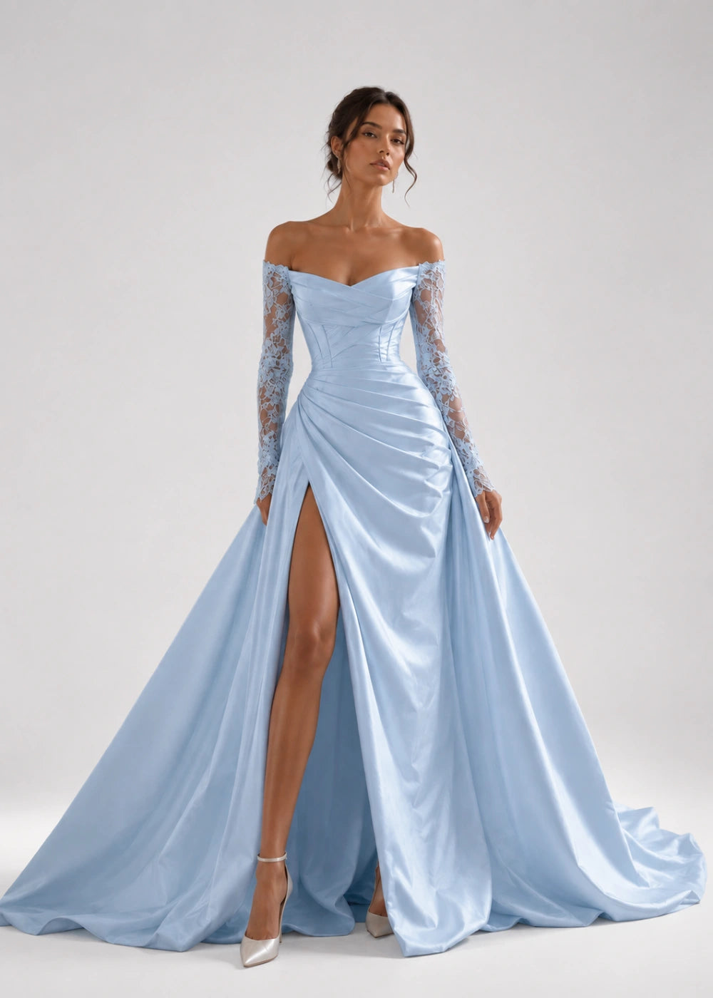 Front view of the light blue off-the-shoulder A-line gown with long lace sleeves and a thigh-high slit