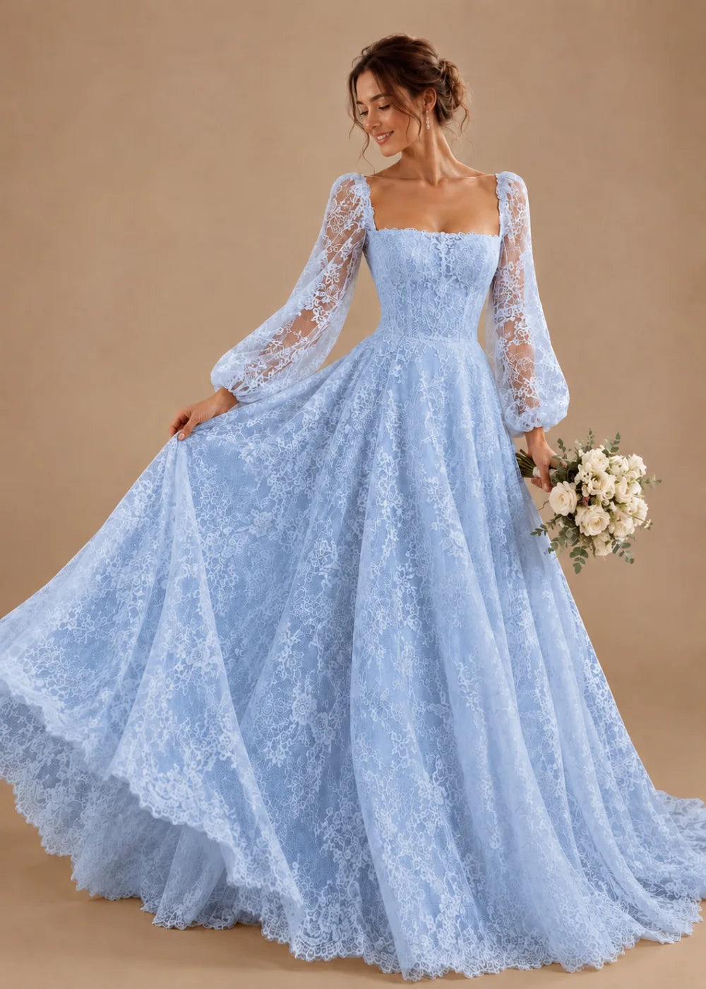 Front view of the light blue square-neck A-line gown with all-over floral lace and long bishop sleeves