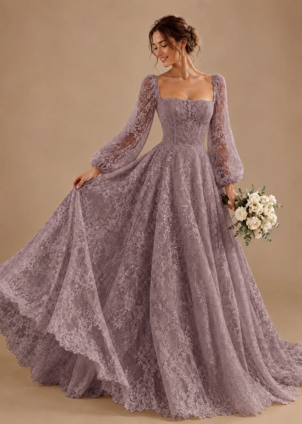 Front view of the mauve square-neck A-line gown with all-over floral lace and long bishop sleeves