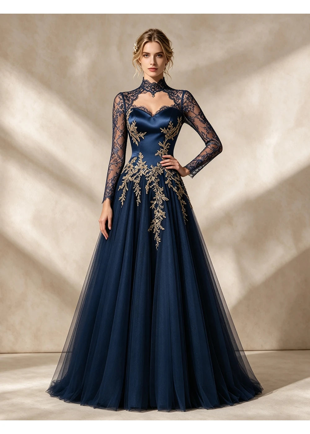 Front view of the navy blue gold applique gown with the same bridal silhouette