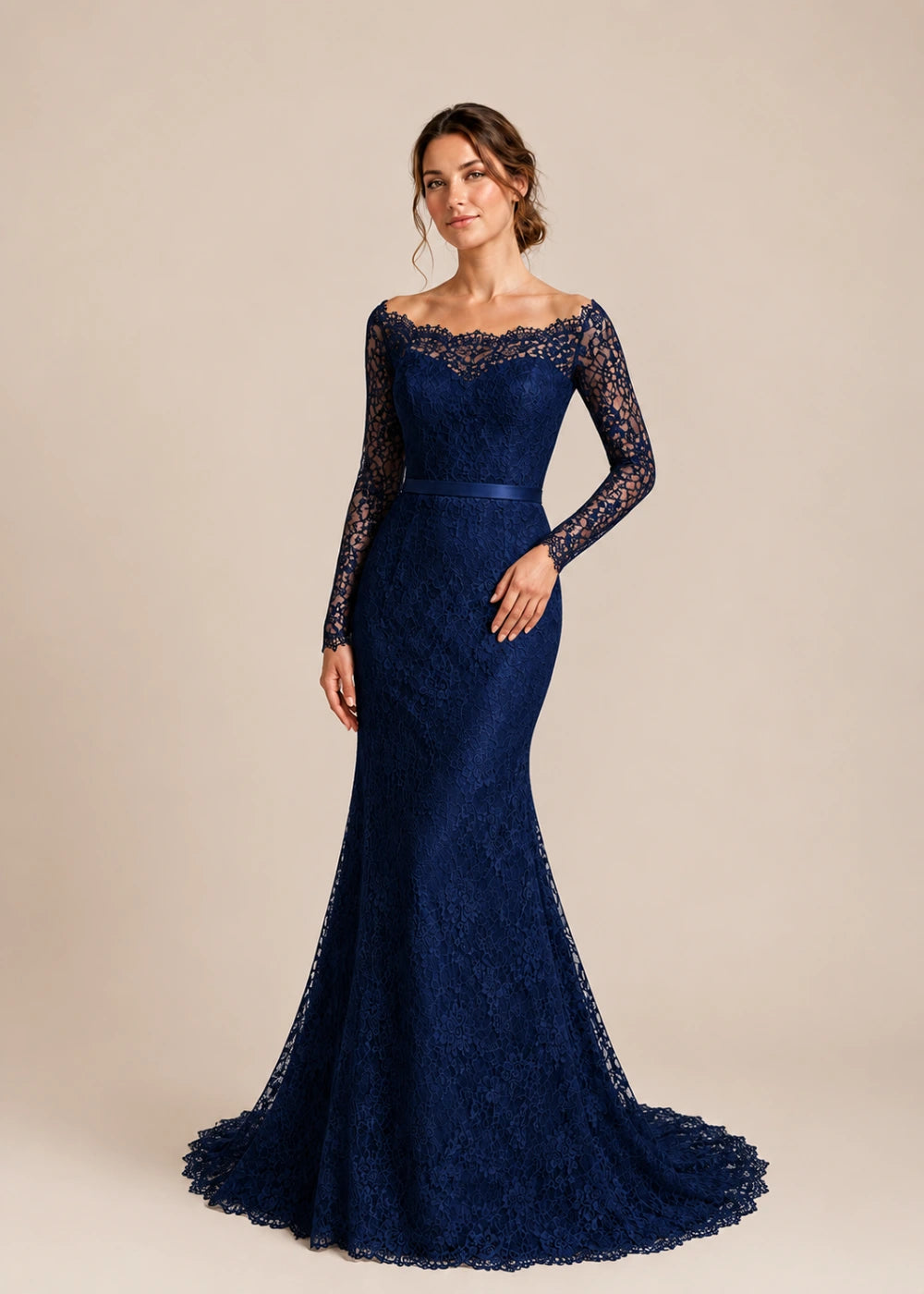 Front view of the navy blue illusion-neck mermaid gown with long floral-lace sleeves and a flared train