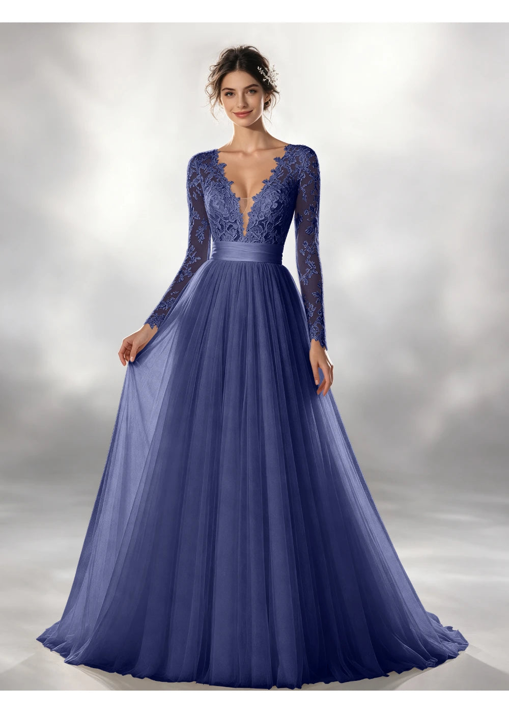 Front view of the navy blue lace waistband tulle gown with the same bridal silhouette