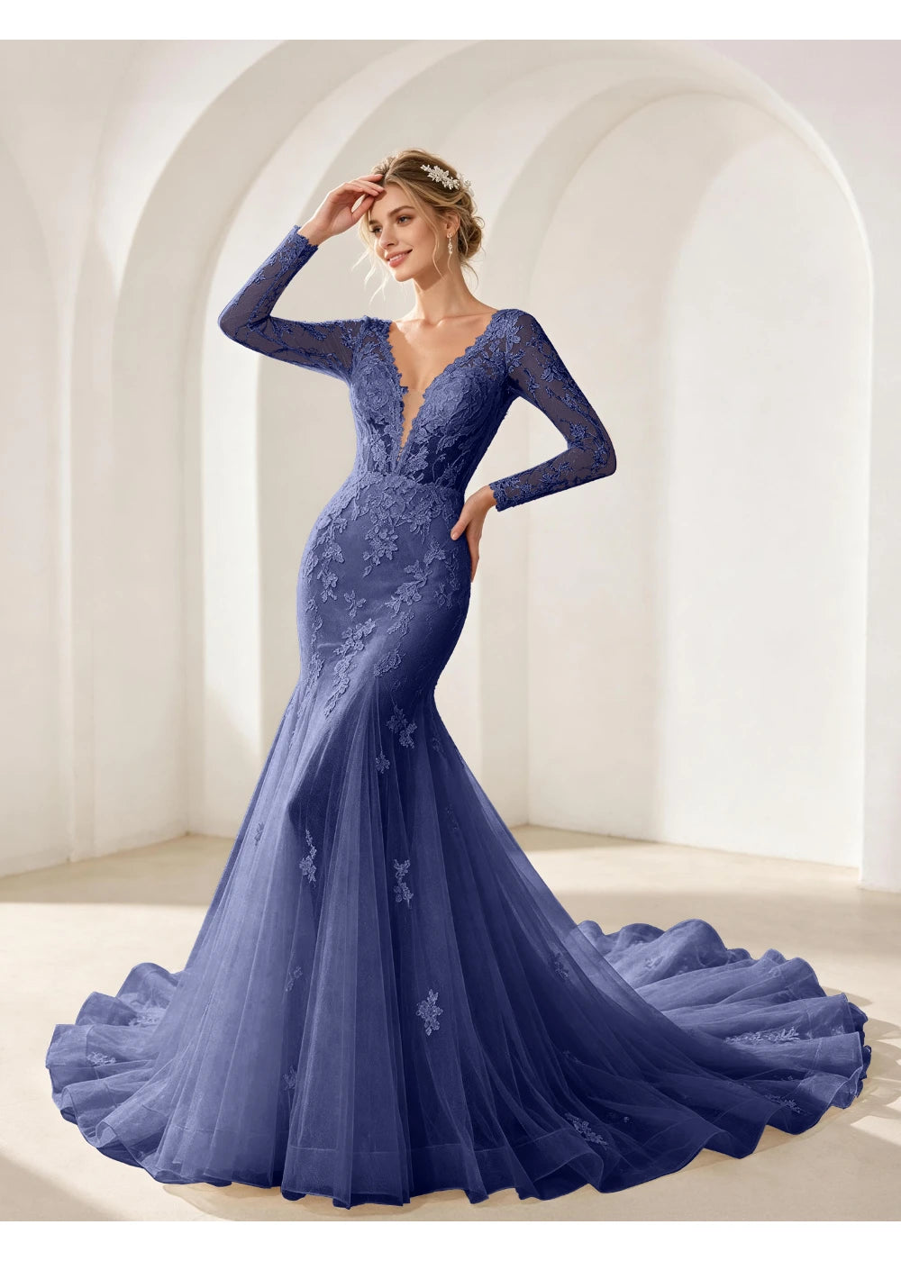 Front view of the navy blue mermaid lace train gown with the same bridal silhouette