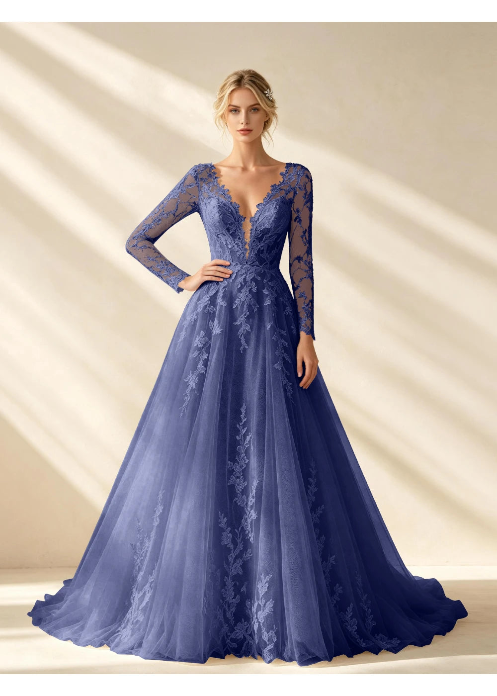 Front view of the navy blue v neck lace a line gown with the same bridal silhouette