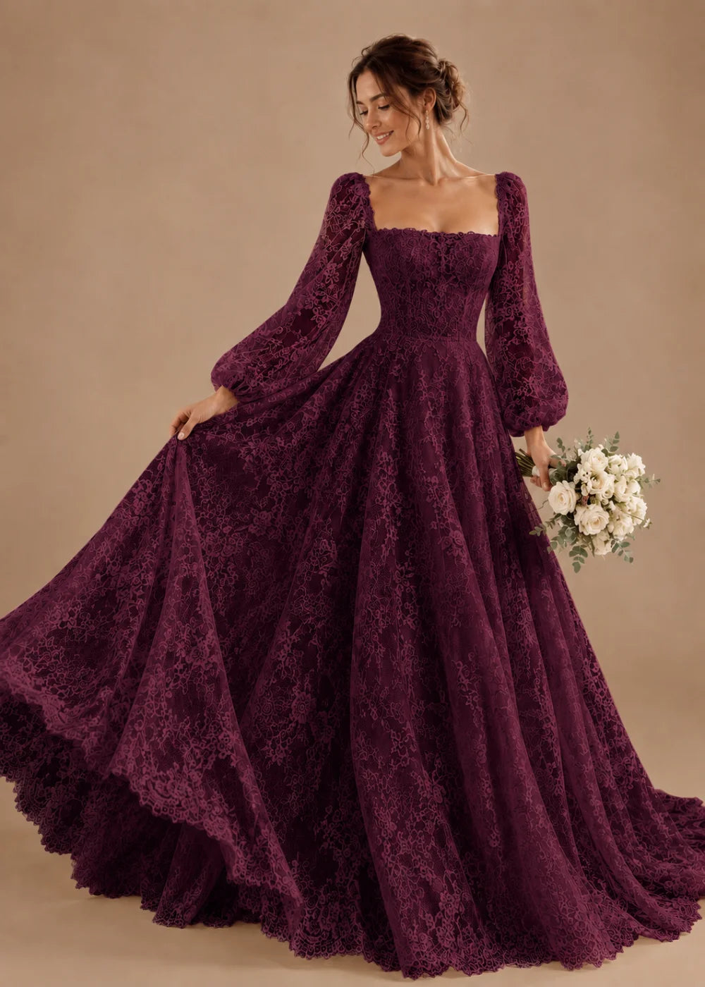 Front view of the plum square-neck A-line gown with all-over floral lace and long bishop sleeves