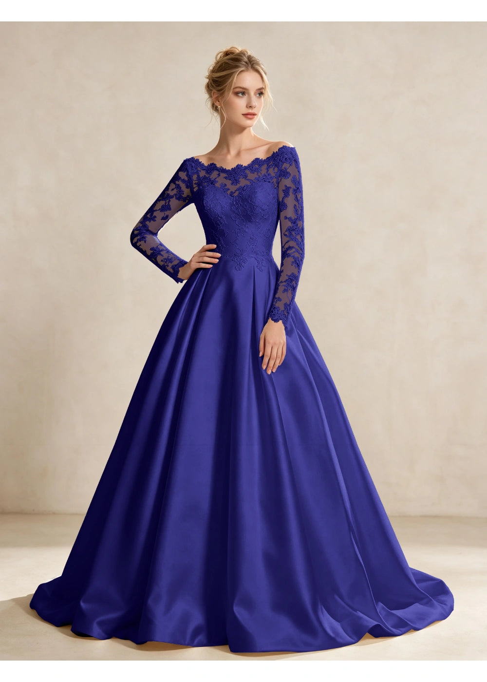 Front view of the royal blue illusion lace satin gown with the same bridal silhouette