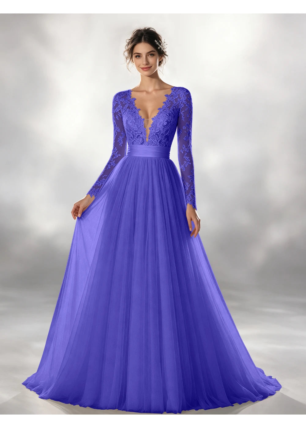 Front view of the royal blue lace waistband tulle gown with the same bridal silhouette