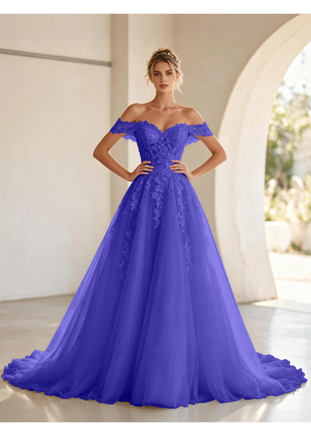 Front view of the royal blue off shoulder lace tulle gown with the same bridal silhouette
