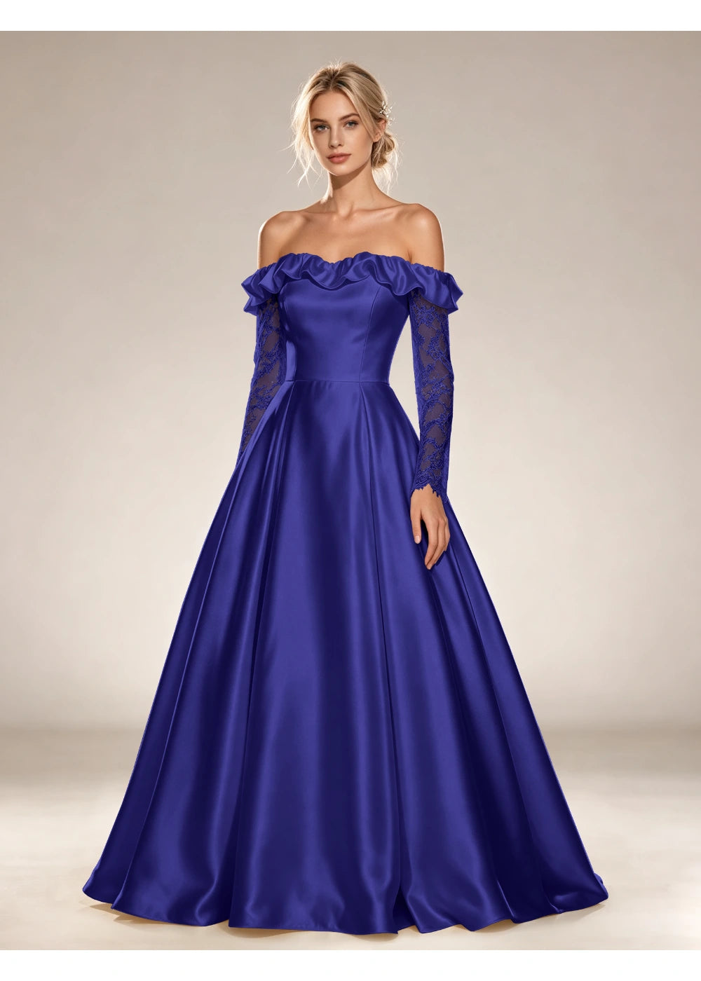 Front view of the royal blue ruffled off shoulder gown with the same bridal silhouette
