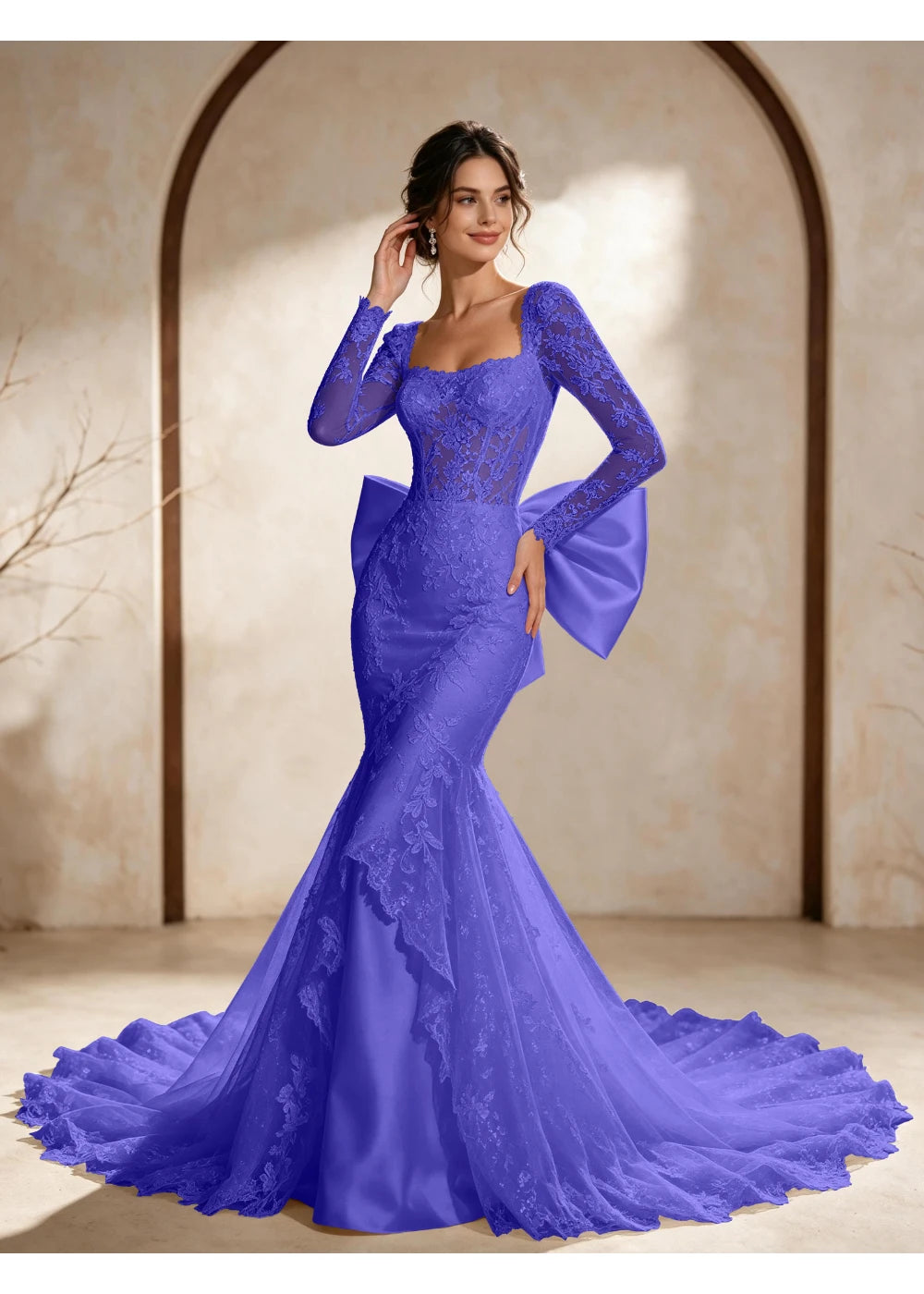 Front view of the royal blue square neck back bow gown with the same bridal silhouette