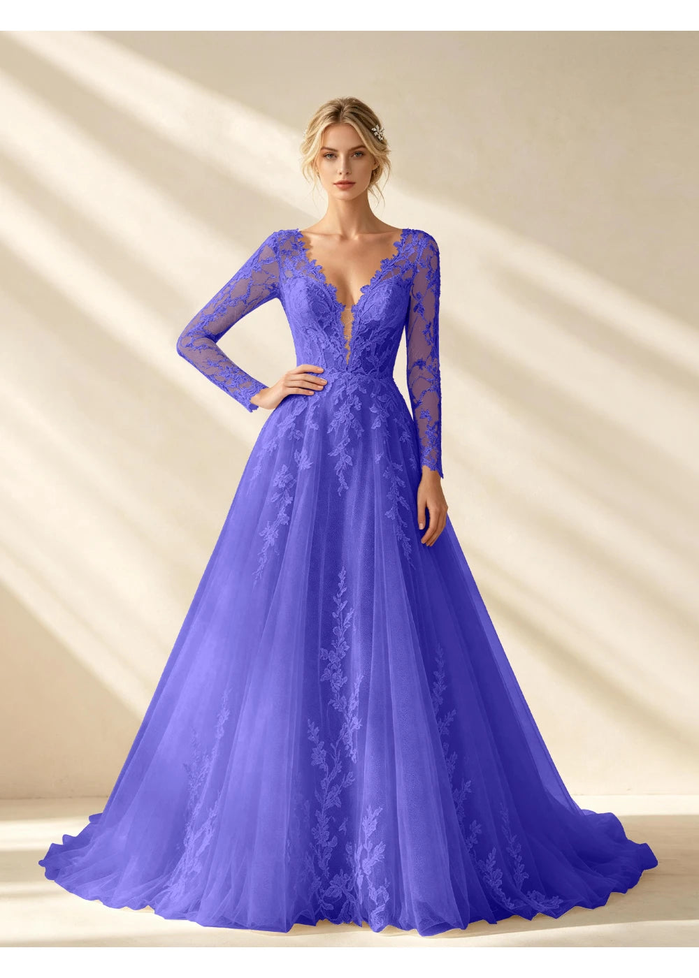 Front view of the royal blue v neck lace a line gown with the same bridal silhouette