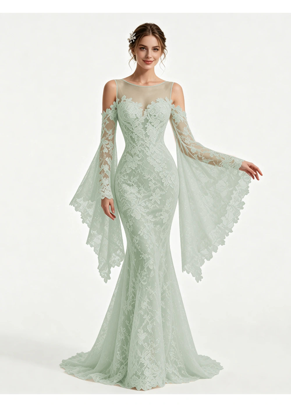 Front view of the sage green lace cape sleeves gown with the same bridal silhouette